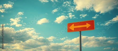 Red and yellow double-headed arrow sign with blue sky and white clouds. photo