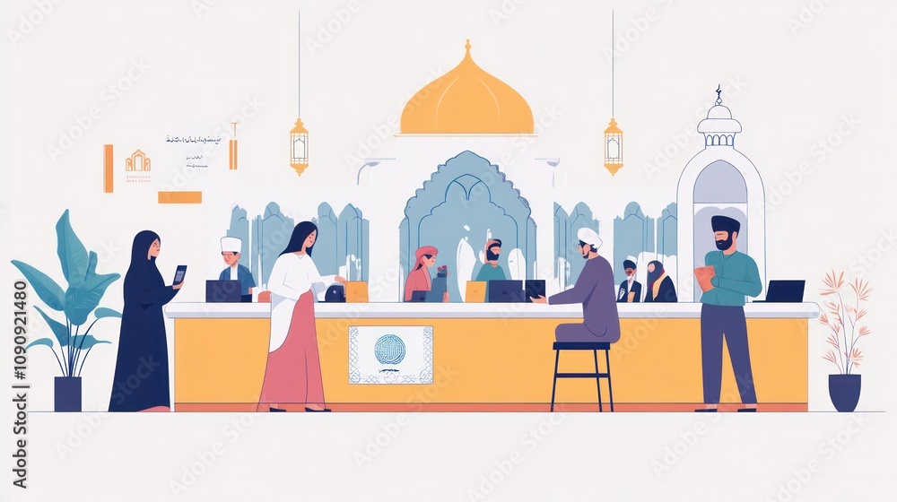 Sharia-compliant banking solutions, meeting the needs of diverse communities, illustrations. Sharia-compliant banking solutions, meeting the needs of diverse communities, illustrations.