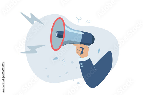 Businessman hand holding megaphone, Loudspeaker, Announcement or notification, Marketing communication concept, Promotion or important news announcement, Isolated flat vector design illustration.