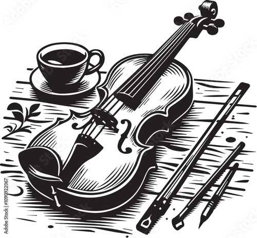 Vintage Violin and Coffee Cup: A Black and White Artistic Still Life. A captivating black and white vintage-style illustration of a violin resting on a wooden surface.