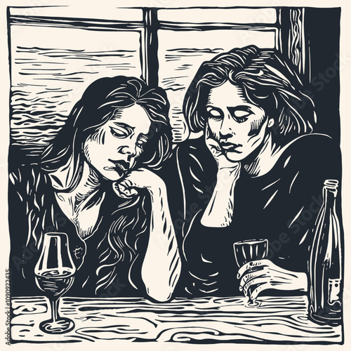 Two drunk women and wine, vector illustration