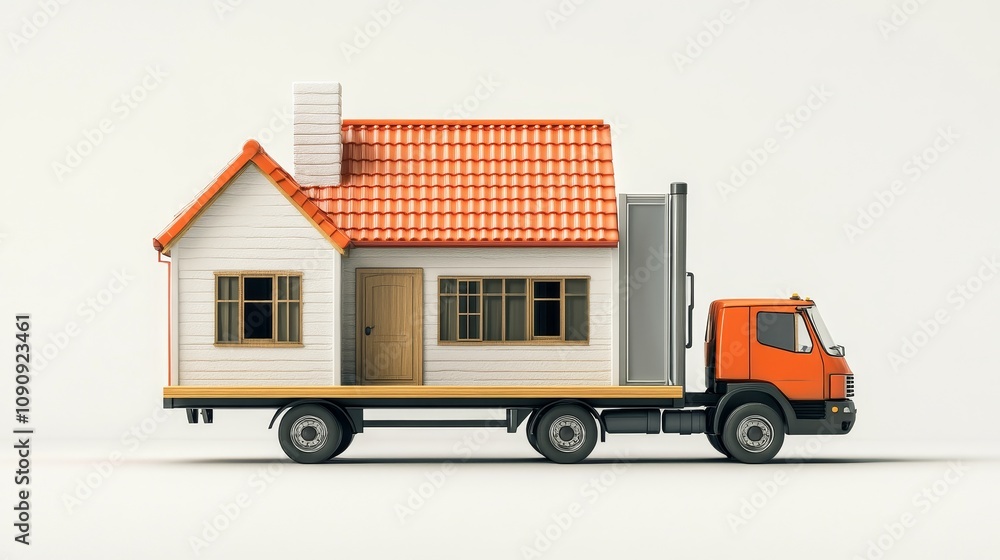 Obraz premium A cartoon-style moving truck carrying a small house with a red roof and windows