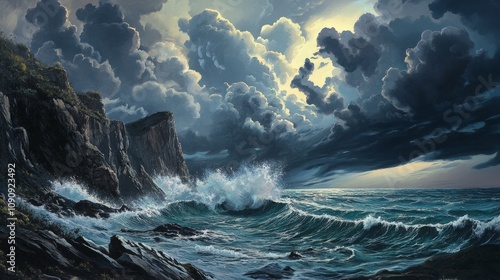 A coastal cliffside with a heavy storm approaching, waves crashing against rocks as dark clouds fill the horizon photo