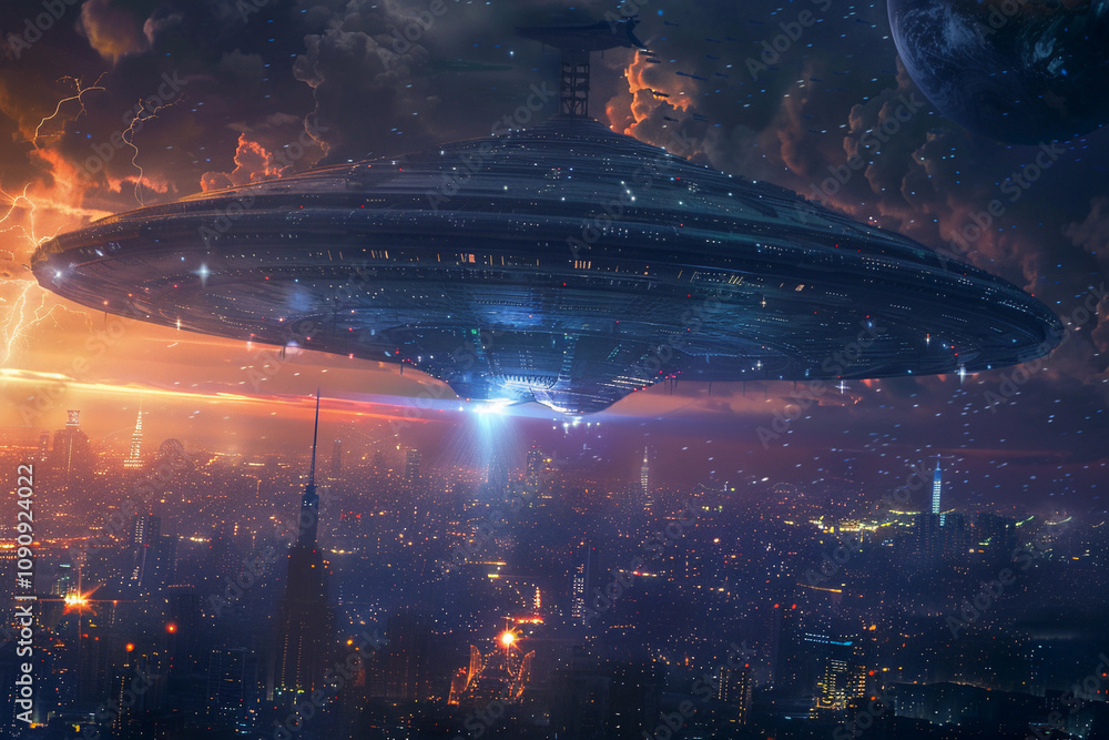 Obraz premium Iron oval UFO saucer hovering over beautiful landscape in dramatic sky