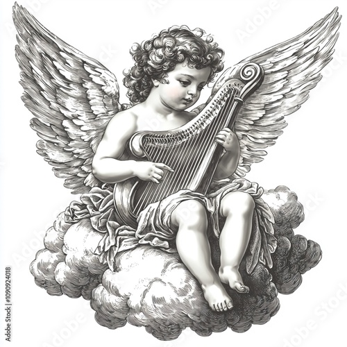 Cherub angel with wings playing a harp while sitting on a cloud, styled in a vintage design sketch engraving. Black and white image