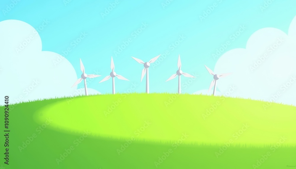 Obraz premium Five wind turbines on green hill under blue sky with fluffy clouds in bright and cheerful style