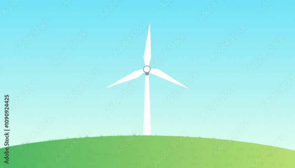 Fototapeta premium Simple landscape with a single wind turbine on a green hill under blue sky