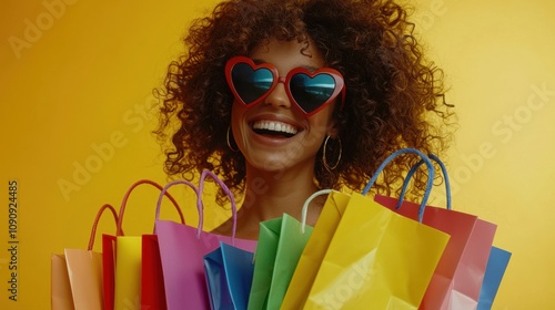 A woman with curly hair and heart-shaped sunglasses is smiling widely and holding several colorful shopping bags. She is standing against yellow background, suggesting a joyful shopping experience.