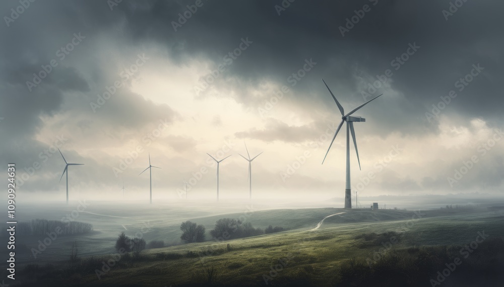 Obraz premium Misty landscape with wind turbines in dramatic atmosphere and cloudy sky at dawn