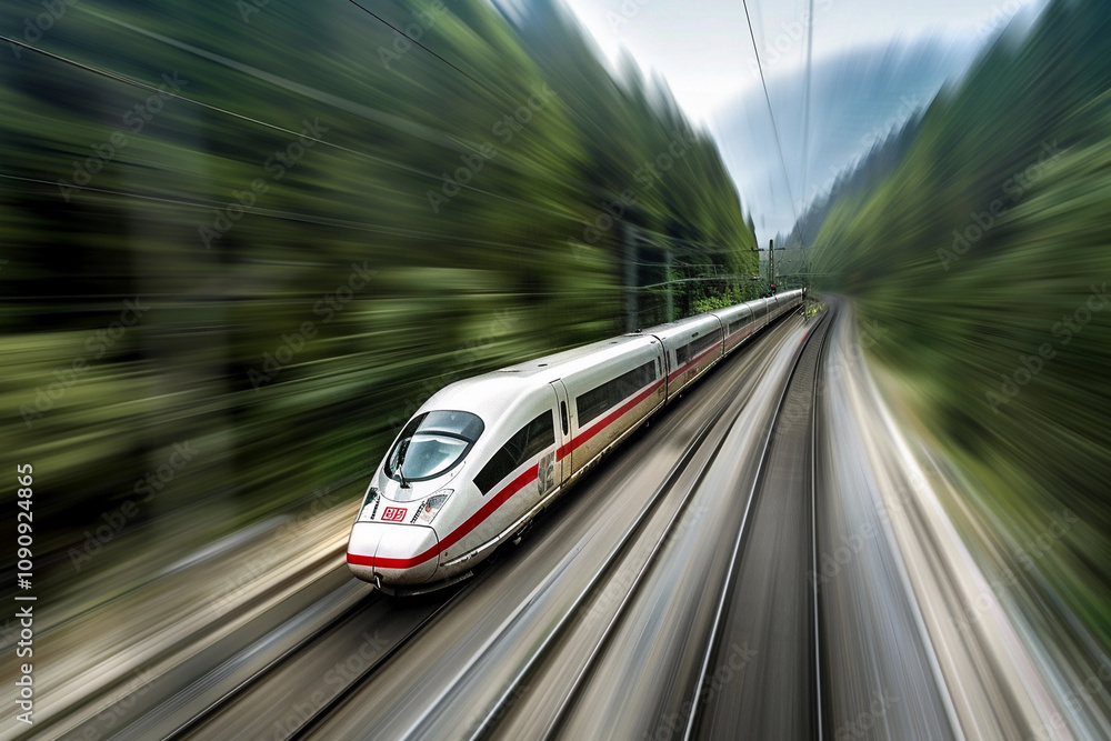 Modern high-speed train in fast motion passes through railway stations Modern high-speed train in fast motion passes through railway stations