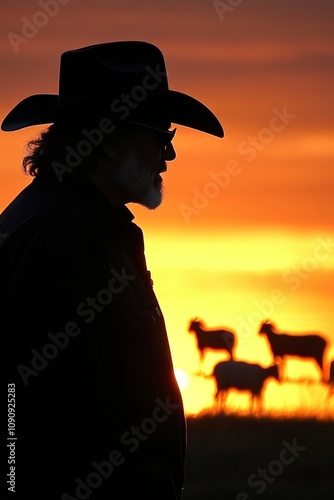 Silhouette of a Cowboy at Sunset, Watching His Sheep Graze in the Golden Hour, Rural Life