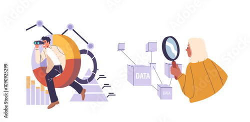 Man and woman searching digital data on virtual network using binocular and magnifying glass