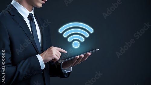 Wi-Fi, Businessman holding a tablet with holograph symbol of wifi,wifi symbol, wireless internet concept in busineess, Wireless Internet Concept photo