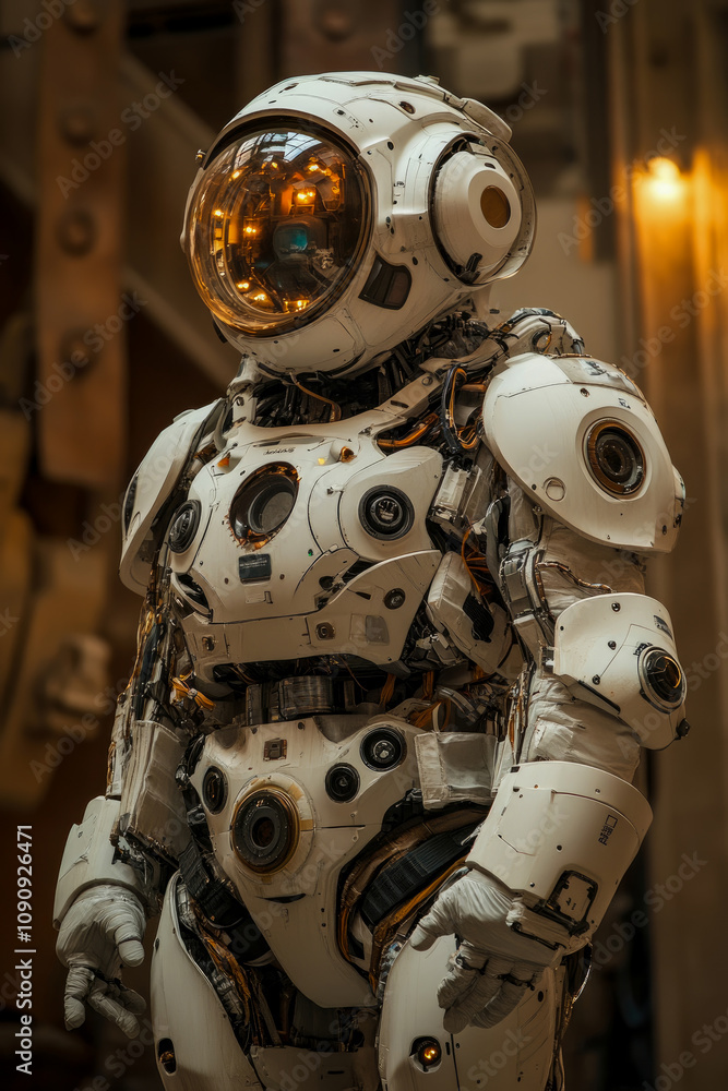 A detailed robotic suit stands in a showcase, featuring advanced technology for exploration in extreme conditions A detailed robotic suit stands in a showcase, featuring advanced technology for exploration in extreme conditions