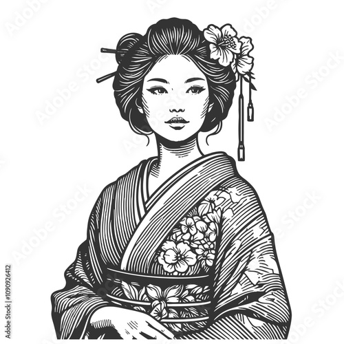geisha in a floral-patterned kimono, asian woman sketch engraving generative ai fictional character vector illustration. Scratch board imitation. Black and white image.