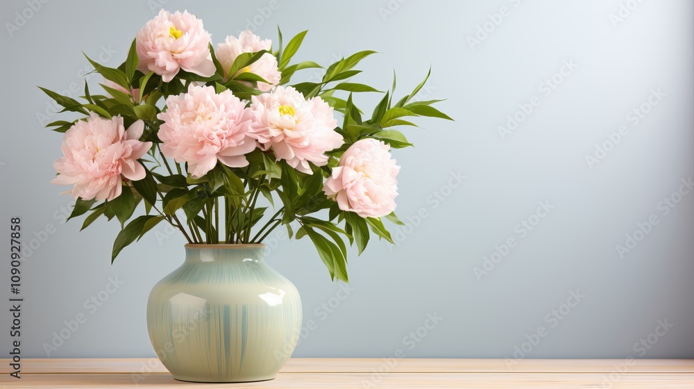 custom made wallpaper toronto digitalVibrant pink peonies gracefully arranged in a soft blue vase on a wooden table. Generative AI