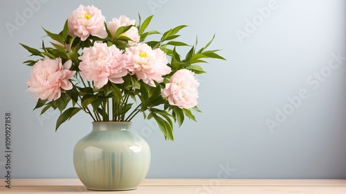 Wallpaper Mural Vibrant pink peonies gracefully arranged in a soft blue vase on a wooden table. Generative AI Torontodigital.ca
