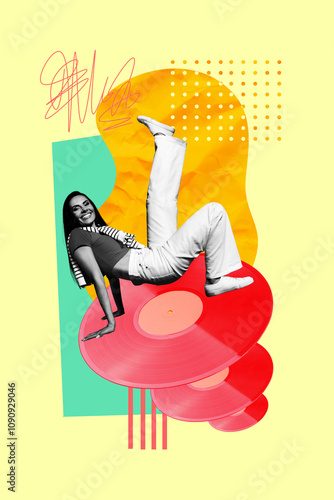 Vertical photo collage of happy pretty girl dance cd disk new hit melody event retro entertainment relax isolated on painted background