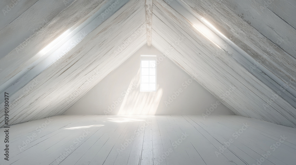 Obraz premium Serene white attic with slanted walls and sunlight streaming through a window, creating a peaceful and minimalist atmosphere.