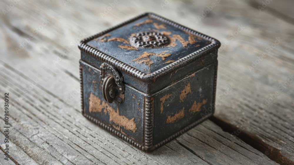 Obraz premium medium shot of small square iron box with vintage design, showcasing its weathered texture and intricate details. This charming piece adds character to any setting