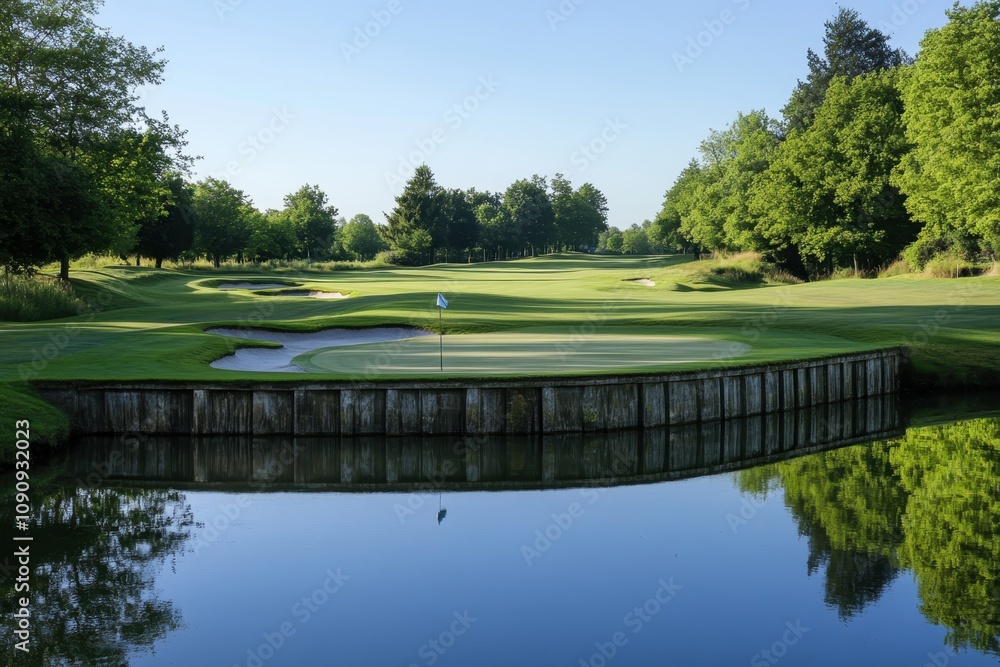 Scenic morning view of a lush golf course with calm water reflections Scenic morning view of a lush golf course with calm water reflections