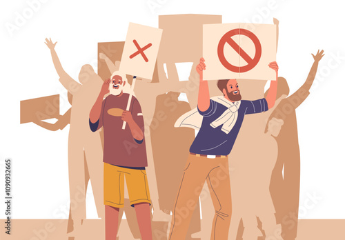 Furious people cartoon characters participating political rally, human rights picket or labor strike