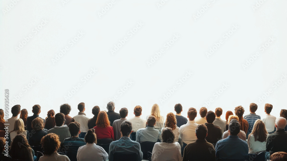 Obraz premium A diverse audience gathered beneath a bright light, attentively focused on a central point, suggesting collective engagement in a presentation or performance.