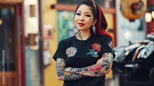 Stylish Woman with Floral Tattoos and Black T-Shirt Posing in Urban Area photo