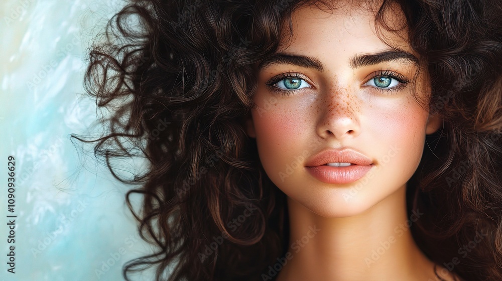 Naklejka premium Young Woman with Natural Curls and Bright Eyes Illuminating Soft Features Against a Gentle Pastel Background