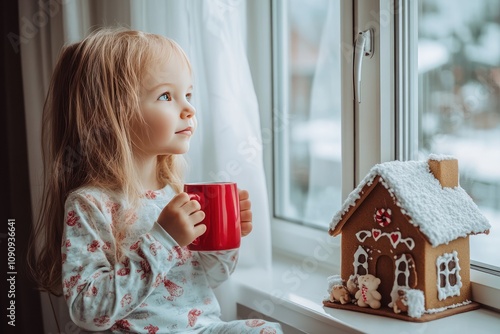 cute littlel girl drinking cacao by the window looking at winter landscape outside photo