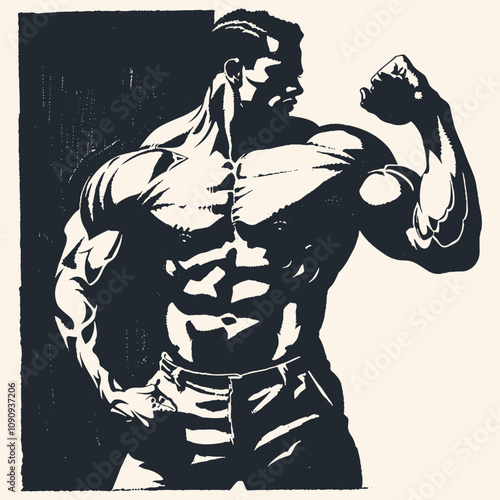 A bodybuilder with a naked torso demonstrates his muscles, vector illustration