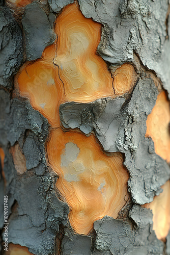 Orange bark patches on tree. photo