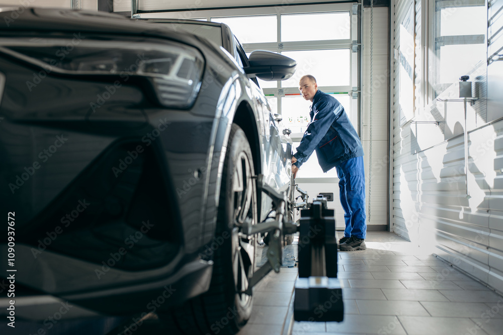 Auto mechanic installing sensor during suspension adjustment and automobile wheel alignment work at repair service station Auto mechanic installing sensor during suspension adjustment and automobile wheel alignment work at repair service station