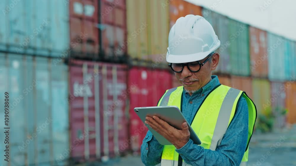 Worker in Safety Gear Using Tablet in Front of Shipping Containers at a Logistics Site During the Day. People and Work Concept.