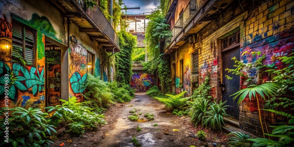 Fototapeta premium Urban Exploration Photography Capturing the Essence of Shortcuts in Abandoned Cityscapes, Highlighting the Contrast Between Nature and Urban Decay