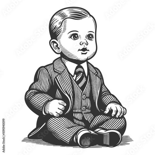 baby businessman boy dressed in a formal suit with tie, seated in a poised and thoughtful pose sketch engraving generative ai vector illustration. Scratch board imitation. Black and white image.