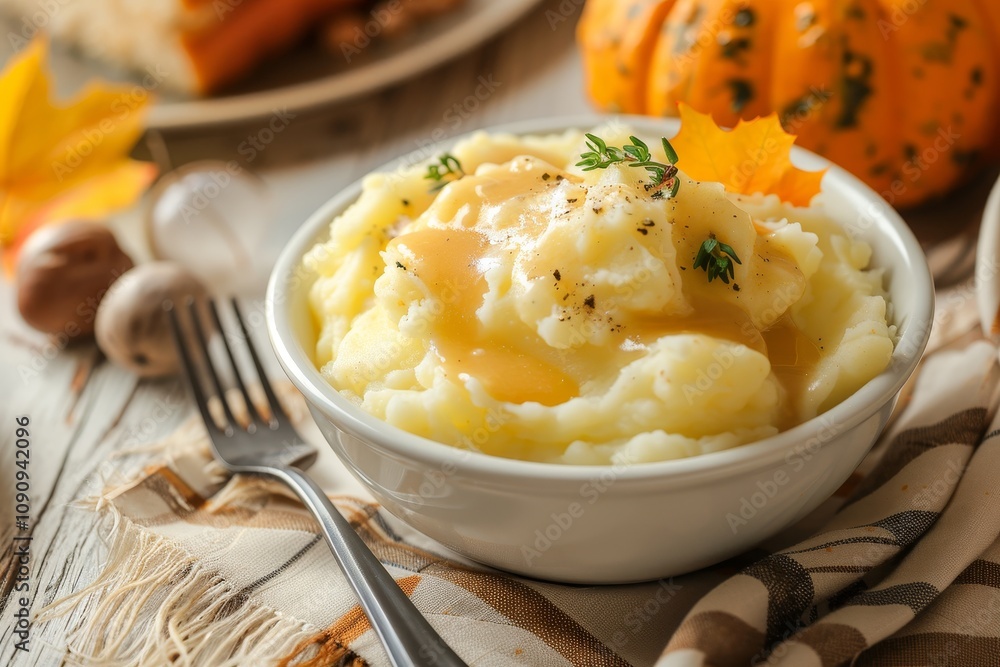 Bowl of Creamy Mashed Potatoes with Gravy, Perfect Side Dish for Autumn or Thanksgiving Feast Bowl of Creamy Mashed Potatoes with Gravy, Perfect Side Dish for Autumn or Thanksgiving Feast