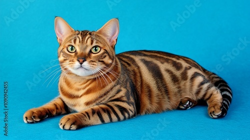 Striking Bengal cat with vibrant golden fur and distinctive black stripes poses elegantly against a vivid turquoise background, showcasing its wild beauty and regal demeanor. photo