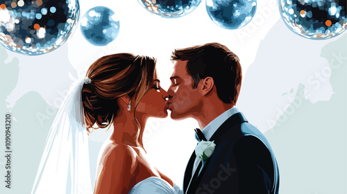 Romantic newlywed couple kissing passionately outdoors