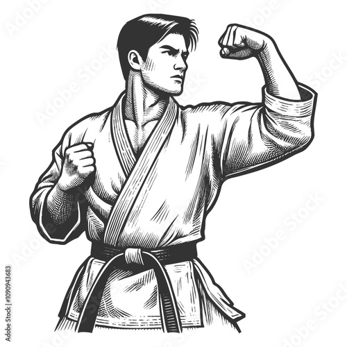 martial artist in a karate gi, showing strength, focus, and discipline in a powerful pose sketch engraving generative ai vector illustration. Scratch board imitation. Black and white image.