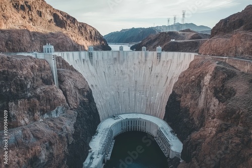 Massive concrete dam nestled in rocky canyon.