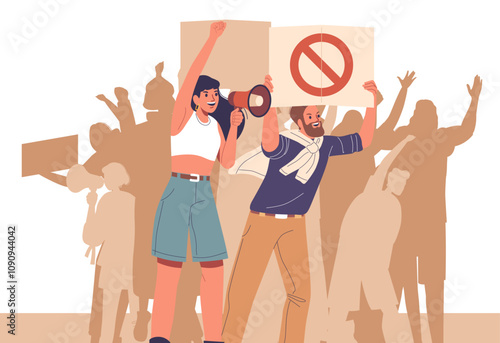 Crowd of people cartoon characters striking for peace, no racism and war democratic picket