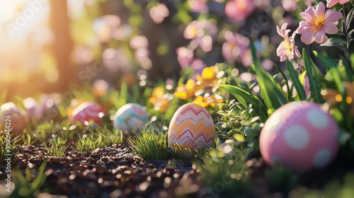 A playful collection of decorated Easter eggs peeking through lush greenery and flowers, creating a lively tableau that celebrates the joy of Easter and the beauty of spring. photo