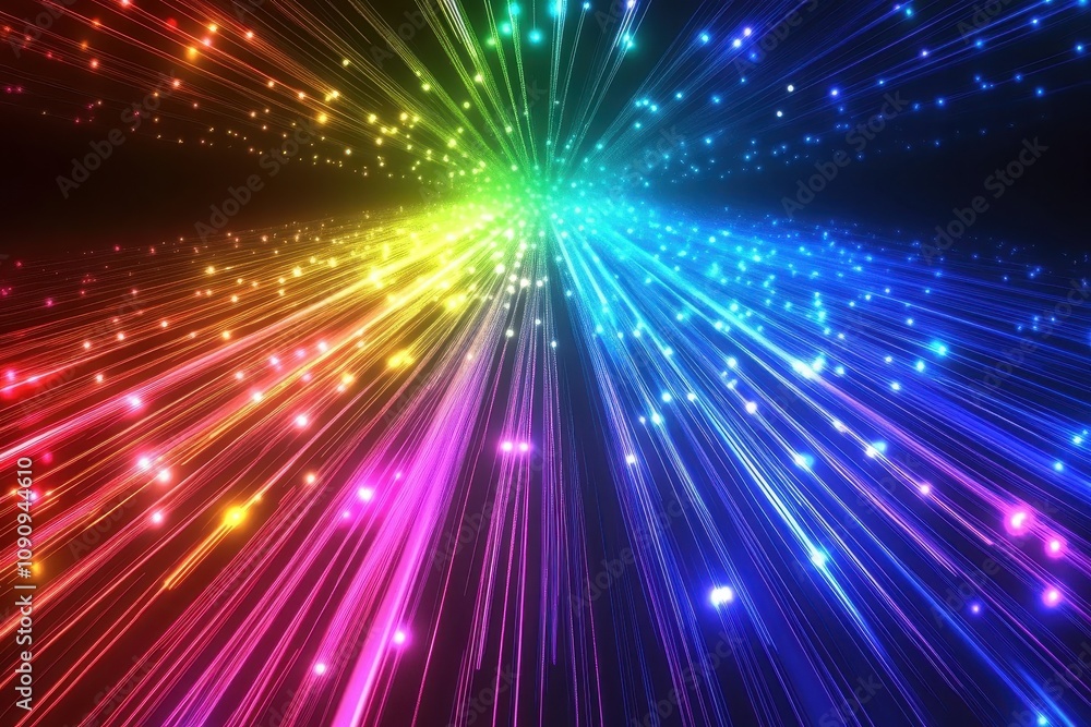 Obraz premium A vibrant explosion of colorful light rays radiating outward against a dark background.