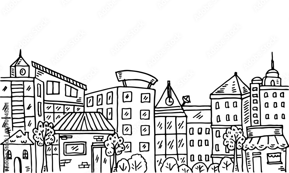 Obraz premium Hand-drawn sketch cartoon of a city scene with houses and buildings.