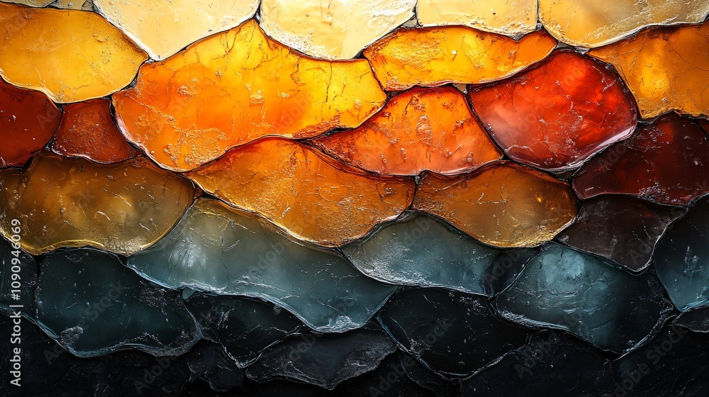 Fototapeta premium Colorful abstract pattern with layered textures resembling molten glass in warm and cool tones. Generative AI