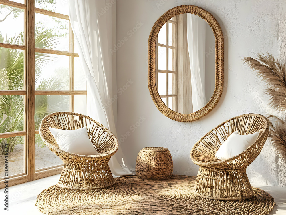 Fototapeta premium 3D Illustration_Bohemian Interior with Wicker Chairs, Rug, and Mirror