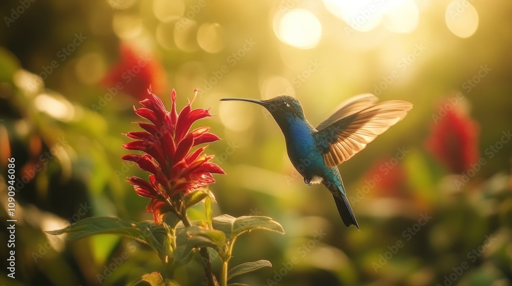 Naklejka premium A blue hummingbird hovers in flight, its wings spread wide, as it feeds on nectar from a vibrant red flower. The sun shines brightly in the background, casting a warm glow on the scene.