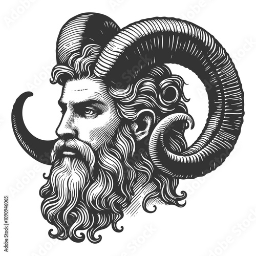 man with flowing hair, a thick beard, and majestic ram horns, embodying mythological symbolism sketch engraving generative ai vector illustration. Scratch board imitation. Black and white image.