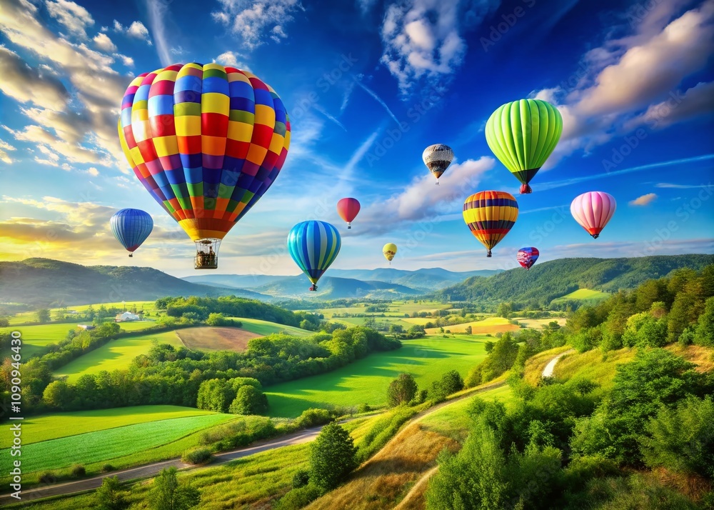Fototapeta premium Vibrant Hot Air Balloons Soaring Against a Clear Blue Sky in a Candid Scene of Joyful Adventure and Serenity, Perfect for Travel and Nature Enthusiasts